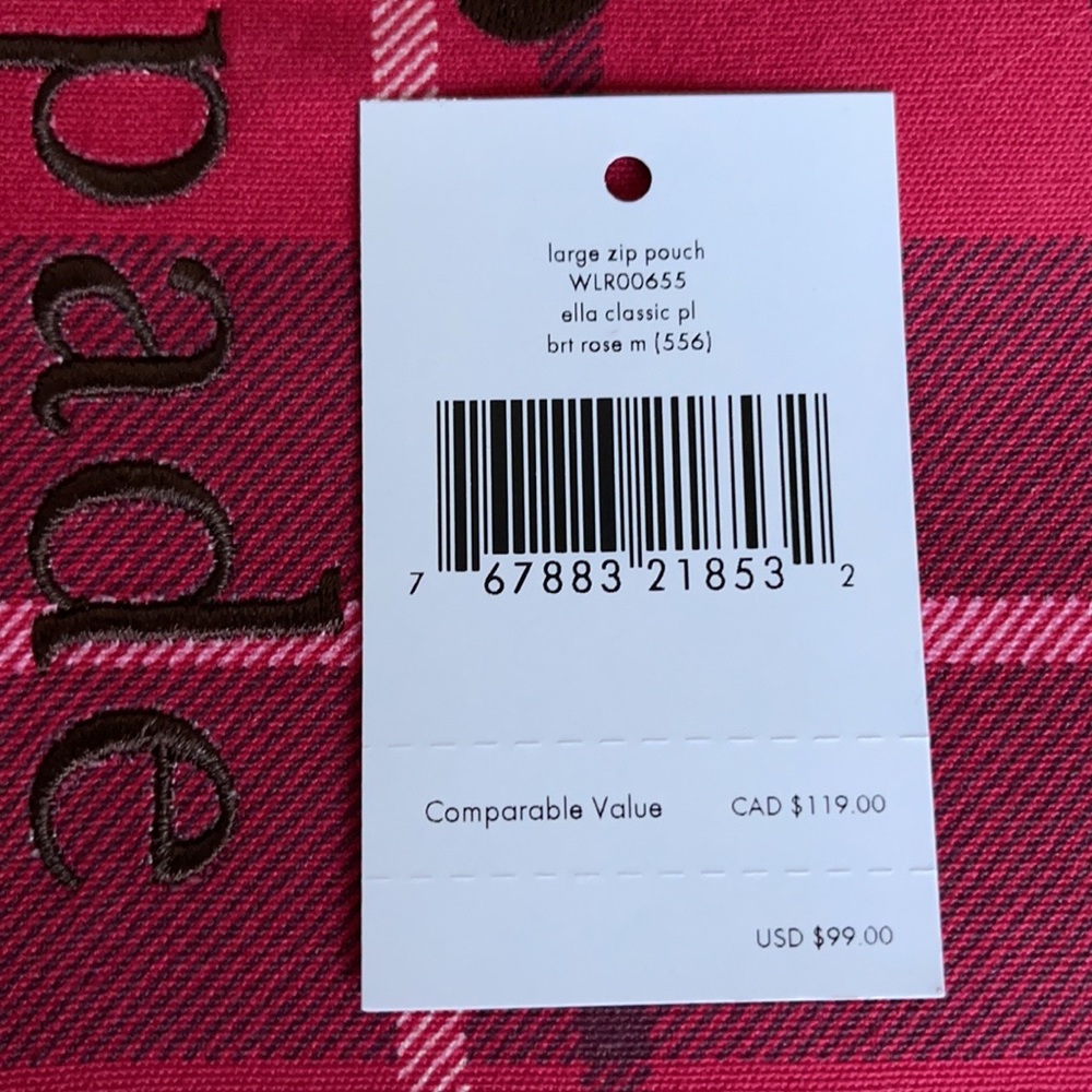 Kate Spade Ella Plaid Bright Rose Large Zip Pouch Clutch - Picture 5 of 16
